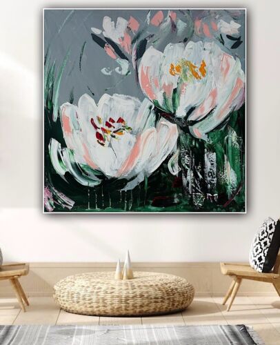Framed Contemporary Abstract Original Oil Painting On 80x80cm Canvas White Tulips