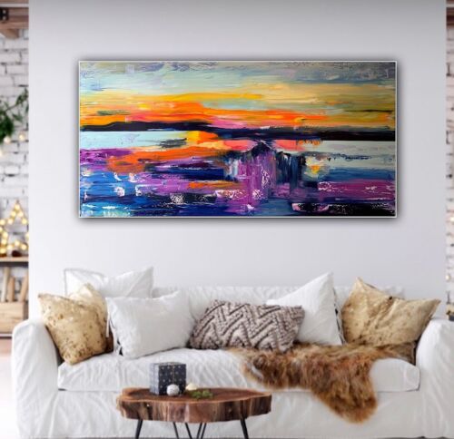 Richter Style Large Original Abstract Oil Painting On Canvas 120x60cm Sunset II seaside