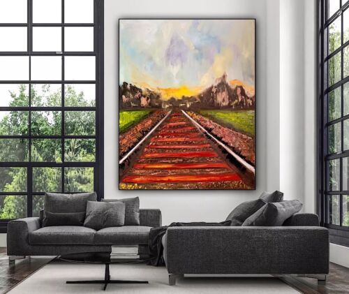 Richter StyLe Abstract original Oil Painting On Canvas 76 X 62cm Train Tracks