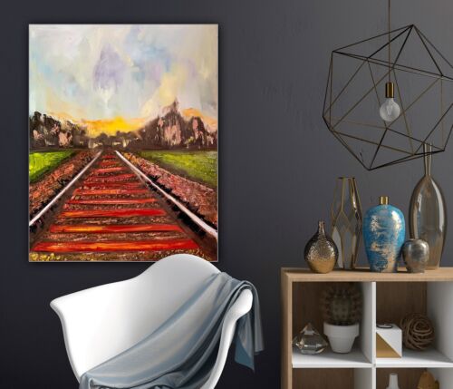 Richter StyLe Abstract original Oil Painting On Canvas 76 X 62cm Train Tracks
