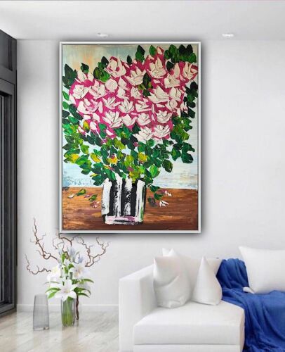 Large Abstract Original Oil Painting On 100x80cm canvas Flowers White Roses II
