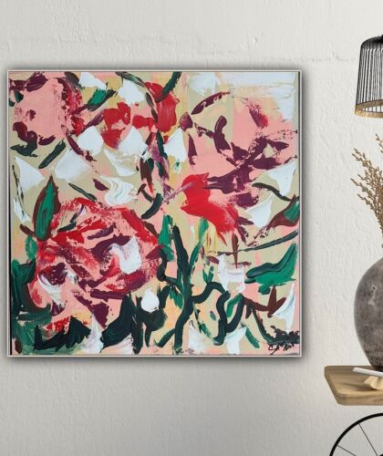 Framed Original Abstract Contemporary Oil Painting On Canvas 45x45cm Roses Oka