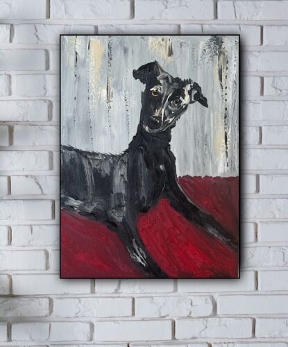 Original Abstract Oil Painting On 30x40cm Canvas Toupe Background Whippet dog