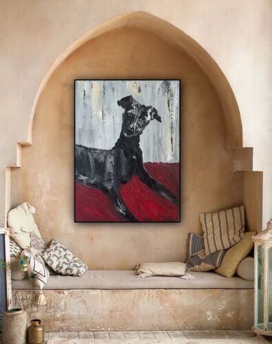 Original Abstract Oil Painting On 30x40cm Canvas Toupe Background Whippet dog