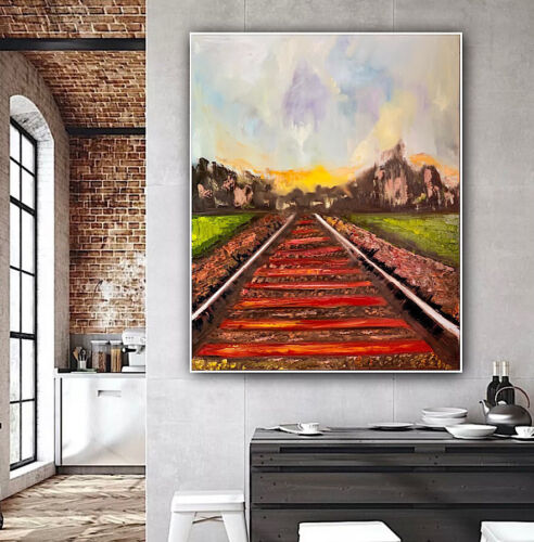 Richter StyLe Abstract original Oil Painting On Canvas 76 X 62cm Train Tracks