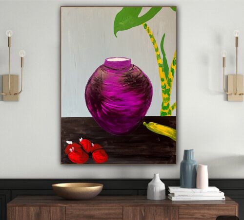 Large Abstract Original Oil Painting On 60 X 46cm canvas Exotic Vase Still life