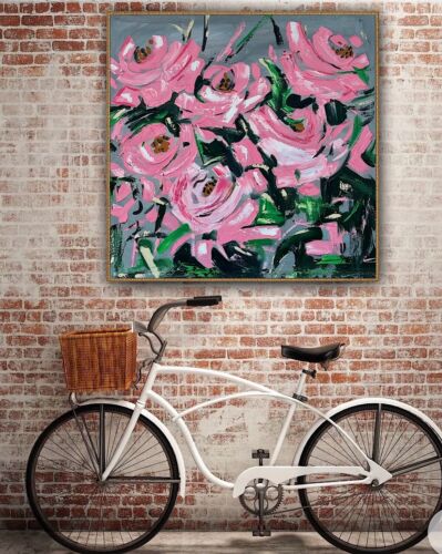 Framed Contemporary Abstract Original Oil Painting On 80x80cm Canvas Pink Roses