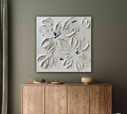 Textured Lily Black &White Modern Abstract oil Painting On Canvas 30x30cm In Oka