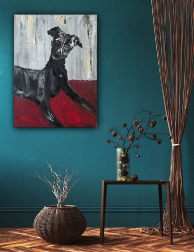 Original Abstract Oil Painting On 30x40cm Canvas Toupe Background Whippet dog