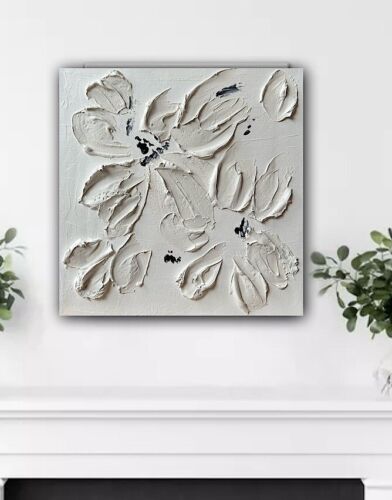 Textured Lily Black &White Modern Abstract oil Painting On Canvas 30x30cm In Oka