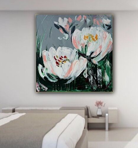Framed Contemporary Abstract Original Oil Painting On 80x80cm Canvas White Tulips