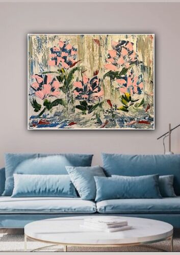 Oka Contemporary Abstract Original Oil Painting 80x60cm Whispers Of pink Peonies flowers