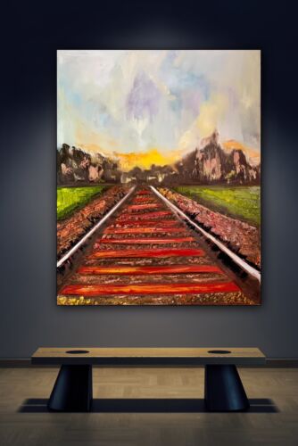 Richter StyLe Abstract original Oil Painting On Canvas 76 X 62cm Train Tracks