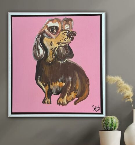 Framed Original Abstract Contemporary Oil Painting On Canvas 38x35xm Sausage Dog