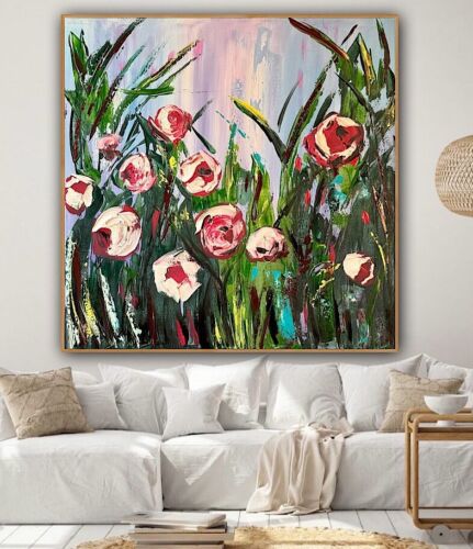 Framed Original Abstract Oil Painting On Canvas 80x80cm Summer Roses Textured