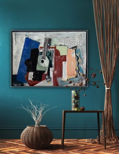 Abstract Oil Painting On 2cm Canvas 80x60cm Door, Guitar & Bottles study
