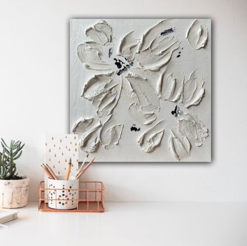 Textured Lily Black &White Modern Abstract oil Painting On Canvas 30x30cm In Oka