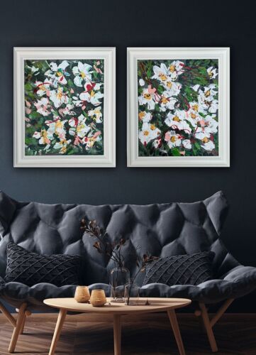 Framed Oka Original Abstract Oil Painting Canvas 70x60cm White Roses Spread II