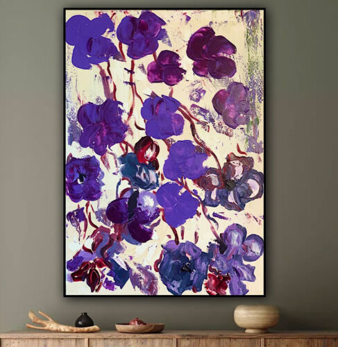 Warhol Style Original Abstract Oil Painting On Canvas 66x44cm Purple Flowers Oka