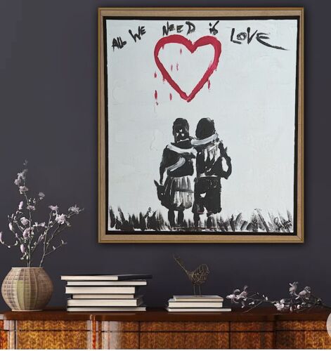 Framed Abstract Original Oil Painting 39x35cm ‘All You Need Love’ Graffiti Art