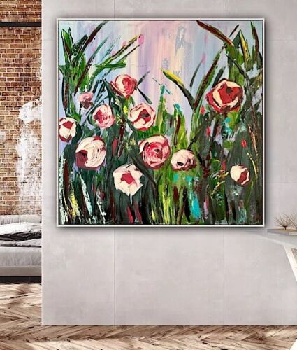 Framed Original Abstract Oil Painting On Canvas 80x80cm Summer Roses Textured