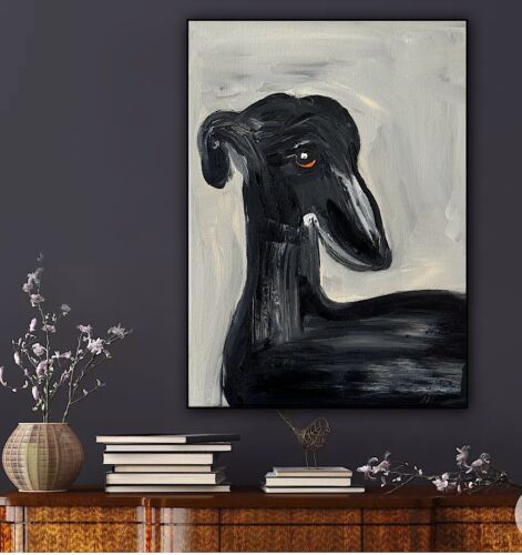 Original Abstract Oil Painting On 30x40cm Canvas Toupe Background Grayhound dog