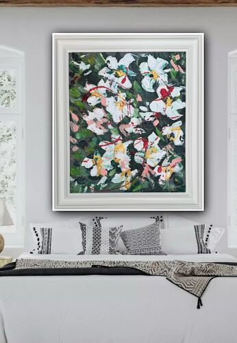 Framed Oka Original Abstract Oil Painting Canvas 70x60cm White Roses Spread II