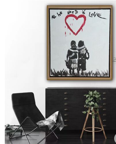 Framed Abstract Original Oil Painting 39x35cm ‘All You Need Love’ Graffiti Art