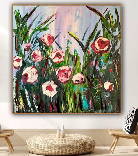 Framed Original Abstract Oil Painting On Canvas 80x80cm Summer Roses Textured