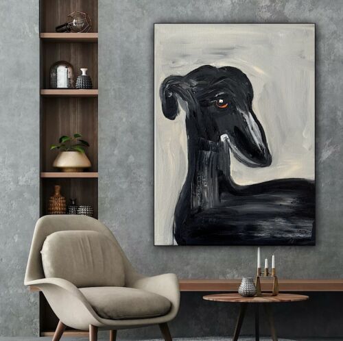 Original Abstract Oil Painting On 30x40cm Canvas Toupe Background Grayhound dog