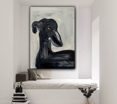Original Abstract Oil Painting On 30x40cm Canvas Toupe Background Grayhound dog