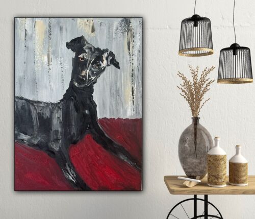 Original Abstract Oil Painting On 30x40cm Canvas Toupe Background Whippet dog