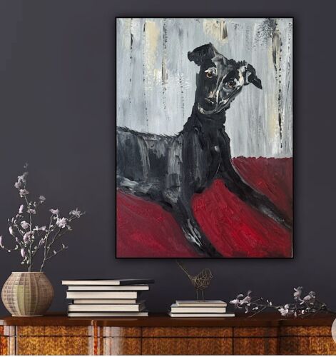 Original Abstract Oil Painting On 30x40cm Canvas Toupe Background Whippet dog