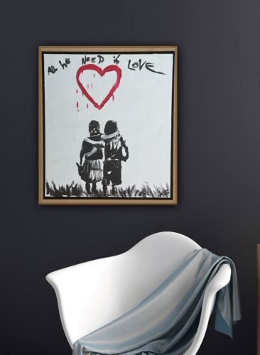 Framed Abstract Original Oil Painting 39x35cm ‘All You Need Love’ Graffiti Art