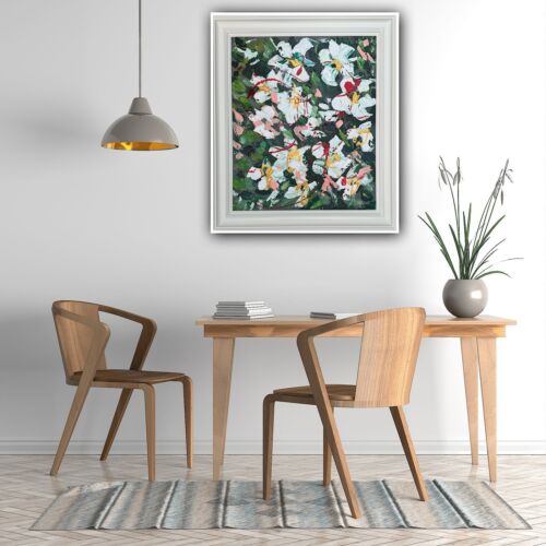 Framed Oka Original Abstract Oil Painting Canvas 70x60cm White Roses Spread II