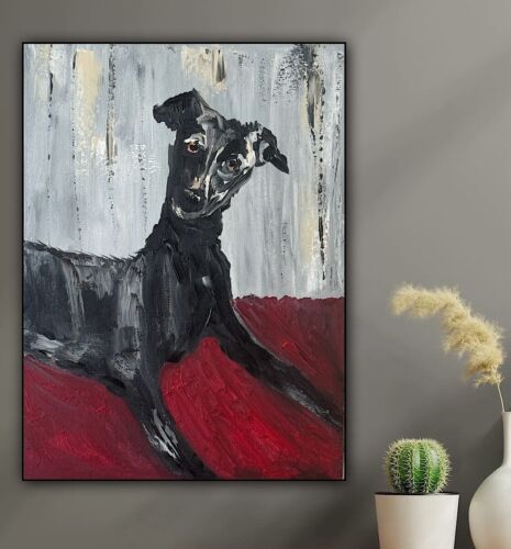Original Abstract Oil Painting On 30x40cm Canvas Toupe Background Whippet dog