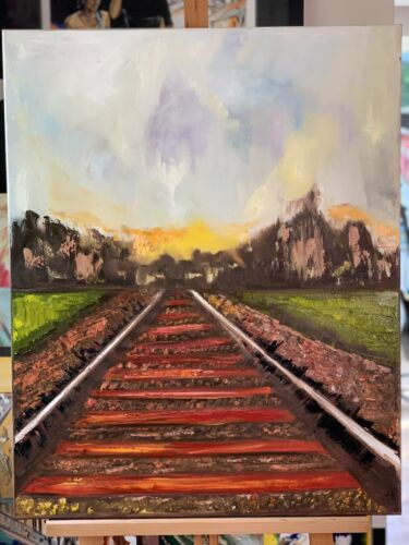 Richter StyLe Abstract original Oil Painting On Canvas 76 X 62cm Train Tracks