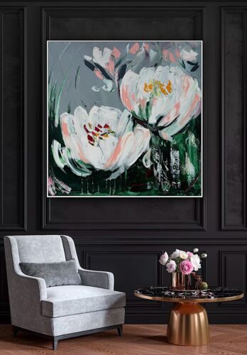 Framed Contemporary Abstract Original Oil Painting On 80x80cm Canvas White Tulips