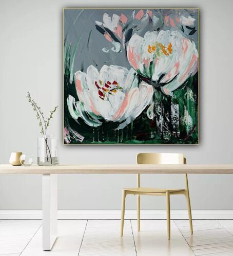 Framed Contemporary Abstract Original Oil Painting On 80x80cm Canvas White Tulips