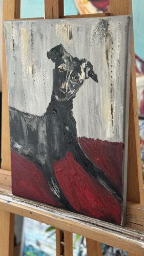 Original Abstract Oil Painting On 30x40cm Canvas Toupe Background Whippet dog