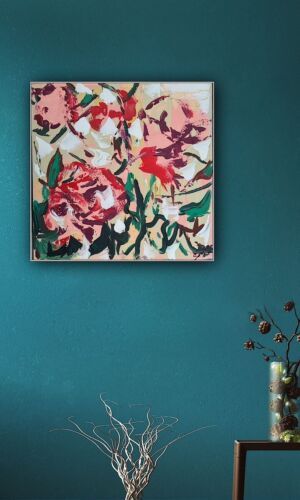 Framed Original Abstract Contemporary Oil Painting On Canvas 45x45cm Roses Oka