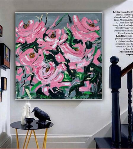 Framed Contemporary Abstract Original Oil Painting On 80x80cm Canvas Pink Roses