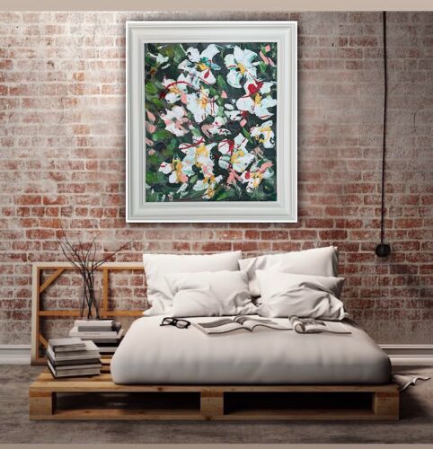 Framed Oka Original Abstract Oil Painting Canvas 70x60cm White Roses Spread II