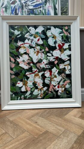 Framed Oka Original Abstract Oil Painting Canvas 70x60cm White Roses Spread II
