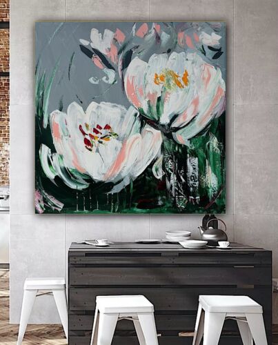 Framed Contemporary Abstract Original Oil Painting On 80x80cm Canvas White Tulips
