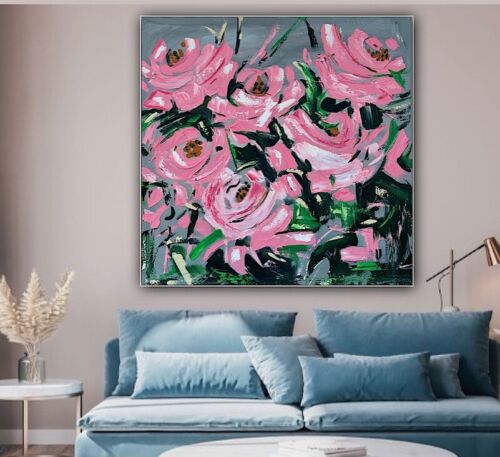 Framed Contemporary Abstract Original Oil Painting On 80x80cm Canvas Pink Roses