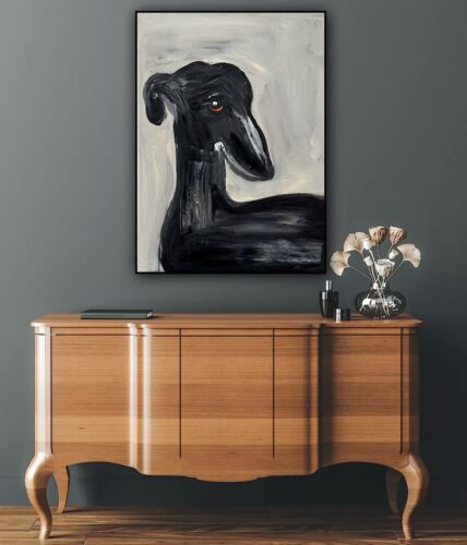Original Abstract Oil Painting On 30x40cm Canvas Toupe Background Grayhound dog