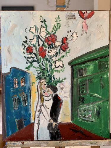 Marc Chagall Rare Abstract Oil Painting On Large Canvas 50x60cm Wedding In Tate