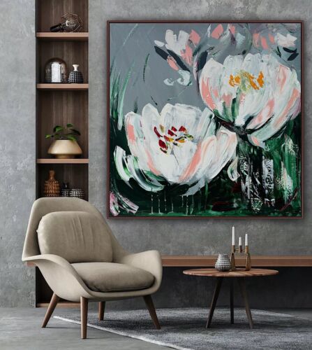 Framed Contemporary Abstract Original Oil Painting On 80x80cm Canvas White Tulips