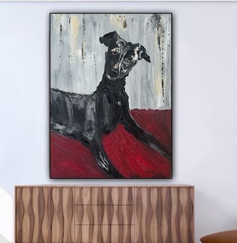 Original Abstract Oil Painting On 30x40cm Canvas Toupe Background Whippet dog